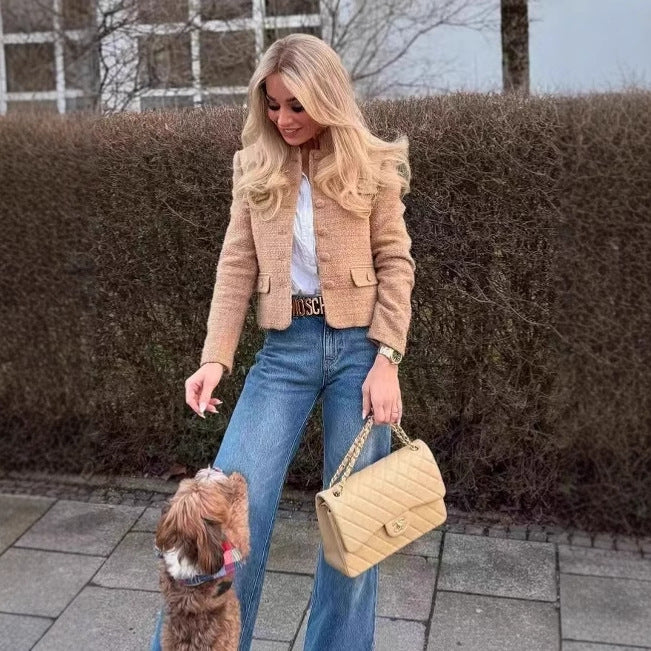Damen elegante Bouclejacke mit goldenen Knöpfen und aufgesetzten Taschen Drune