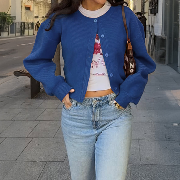Damen nan kurzes Rippstrick-Cardigan mit Rundhalsausschnitt, ballonärmel und markanter Knopfleiste Drune