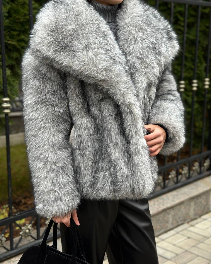 Damen elegante Kunstfelljacke mit voluminösem Kragen und verschließbaren Taschen Drune