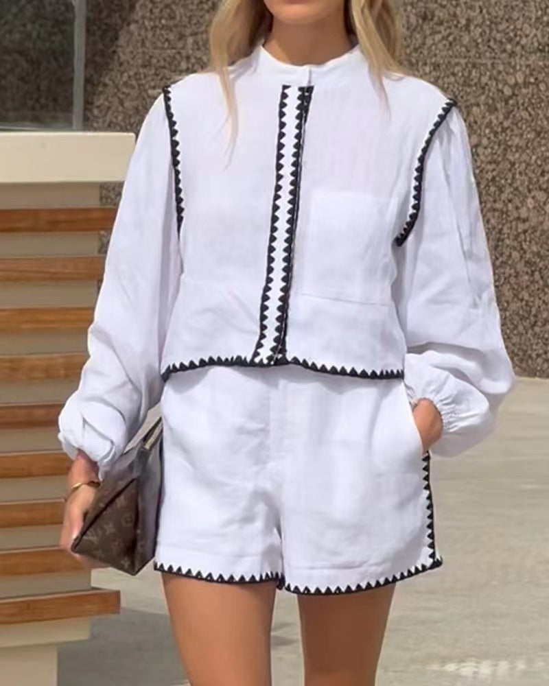 Damen Lässiges Oberteil und Shorts Set mit dekorativem Rand Drune