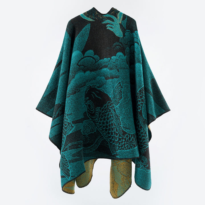 Damen Jacquard-Strick Cape mit Koi-Motiv und weitem Oversize-Fall Drune