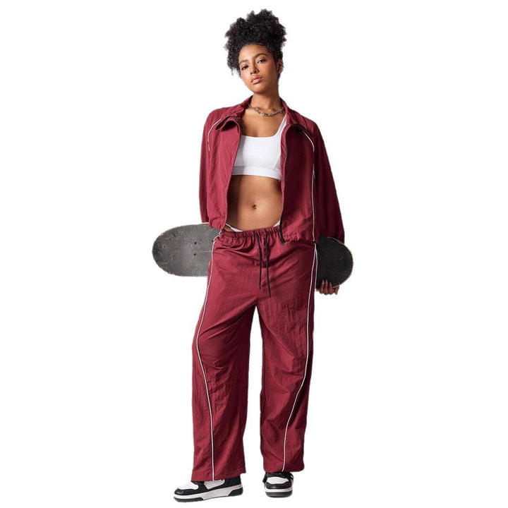 Damen sportives Cropped Windbreaker-Set mit Stehkragen Tunnelzug und reflektierenden Paspeln Drune