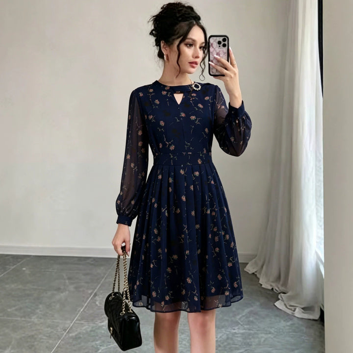 Damen Chiffon-Midikleid mit plissiertem Rock, transparenten Ärmeln und Zierbrosche Drune