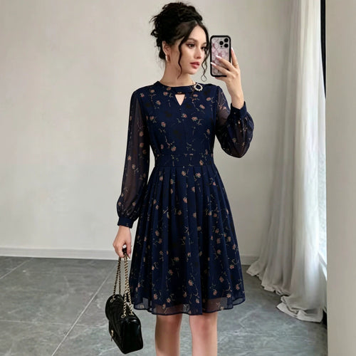 Damen Chiffon-Midikleid mit plissiertem Rock, transparenten Ärmeln und Zierbrosche Drune