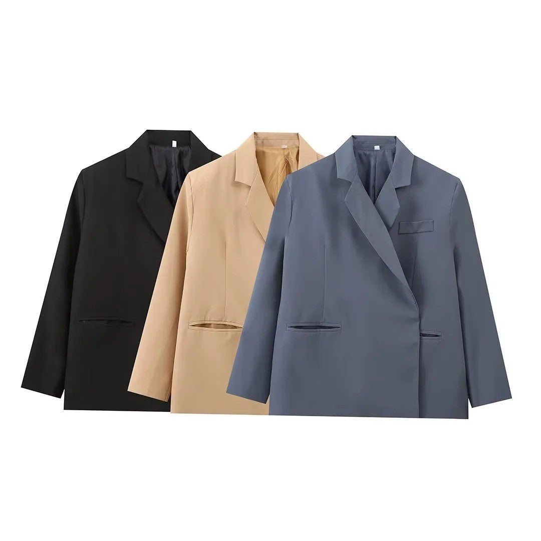 Damen elegante Blazerjacke mit asymmetrischem Schnitt und praktischen Taschen Drune