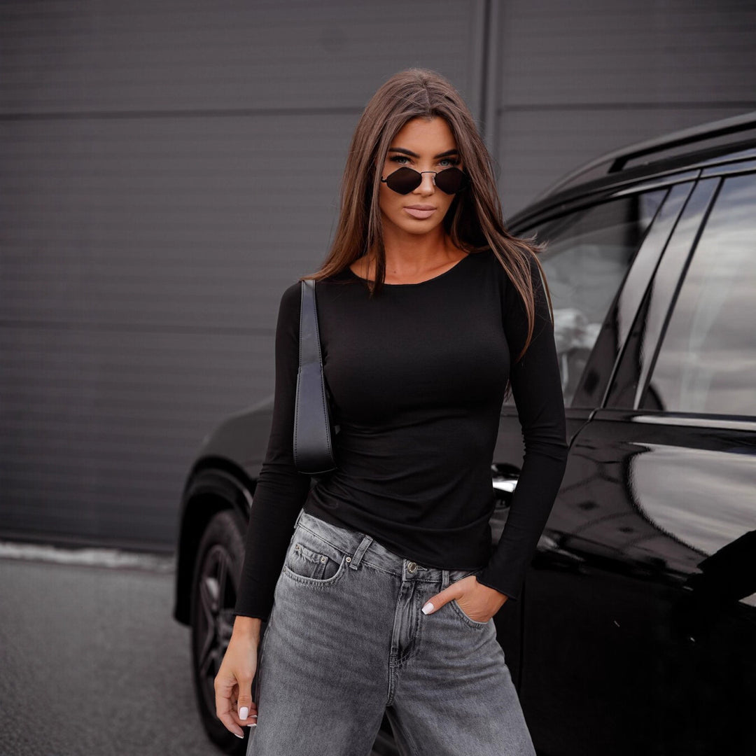 Damen figurbetontes Langarm-Shirt und weite High-Waist Denim-Jeans Drune