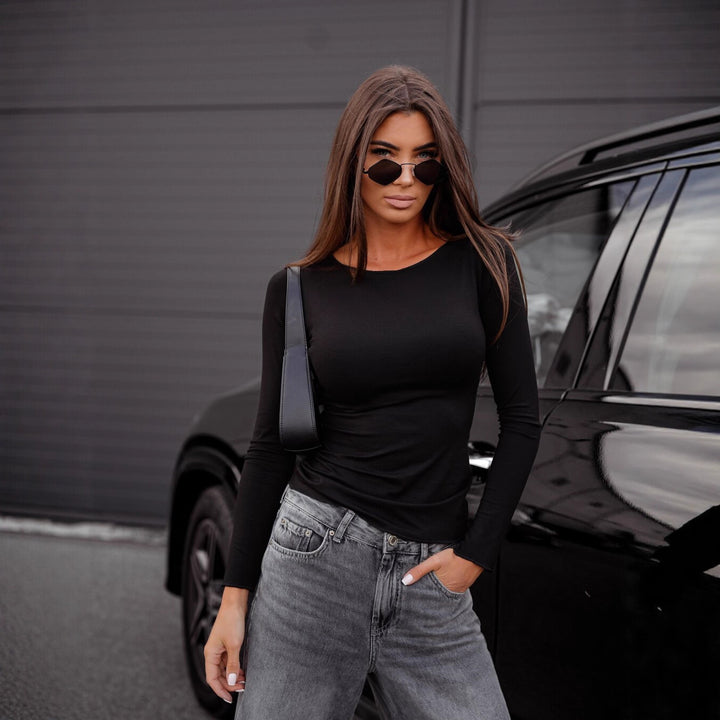 Damen figurbetontes Langarm-Shirt und weite High-Waist Denim-Jeans Drune