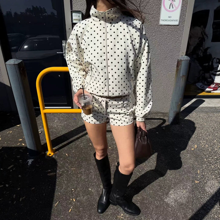 Damen Gepunktete Cropped-Bomberjacke mit Stehkragen, elastischem Saum und schräge Reißverschlusstaschen Drune
