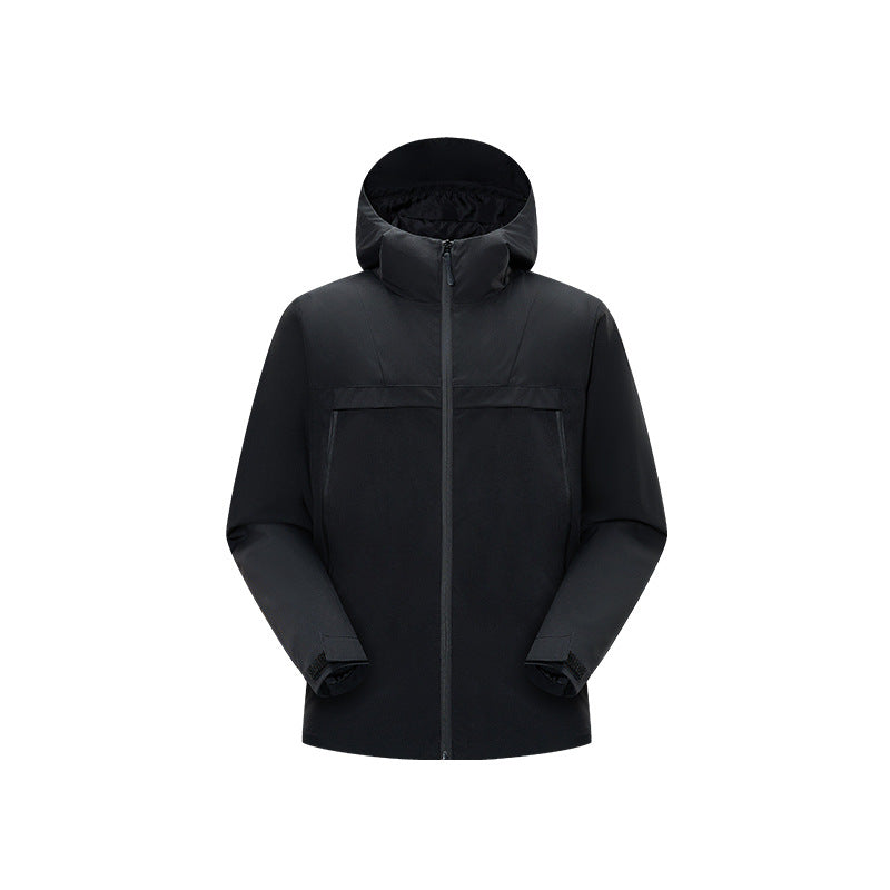 Herren Minimalistische Hybrid‑Regenjacke mit verstaubarer Kapuze und atmungsaktiver Membran Drune