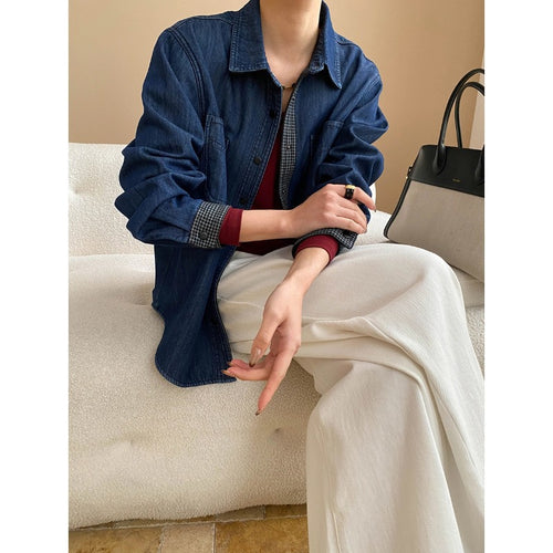 Damen lässige Denim-Hemdjacke mit karierten Details Drune