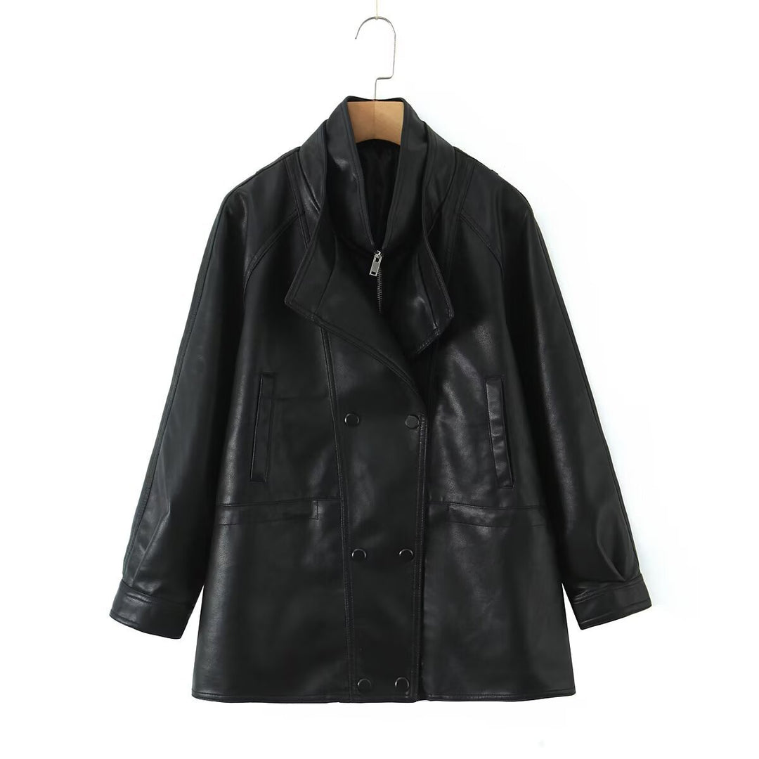 Damen Kunstlederjacke mit breitem Revers und praktischen Taschen Drune