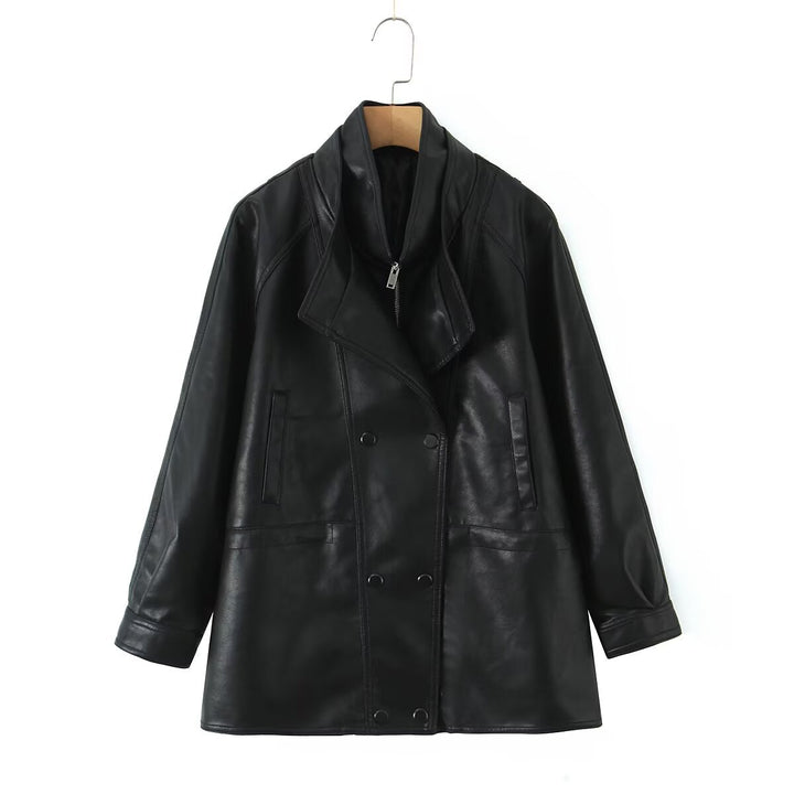 Damen Kunstlederjacke mit breitem Revers und praktischen Taschen Drune