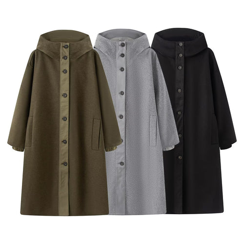 Damen Weicher Oversize Wollmix‑Mantel mit Kapuze und durchgehender Knopfleiste Drune