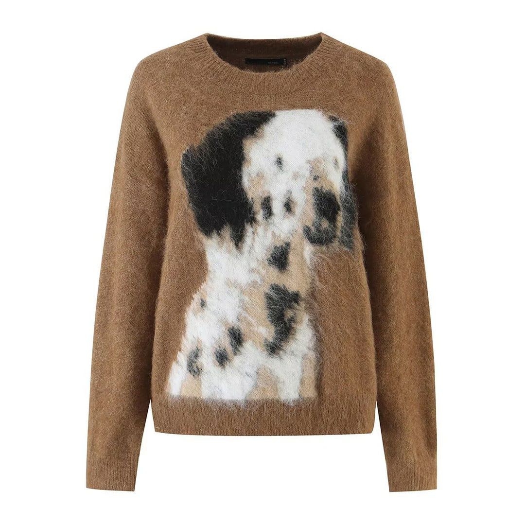 Damen Mohair-Mix Rundhalspullover mit abstraktem Hundemotiv Drune