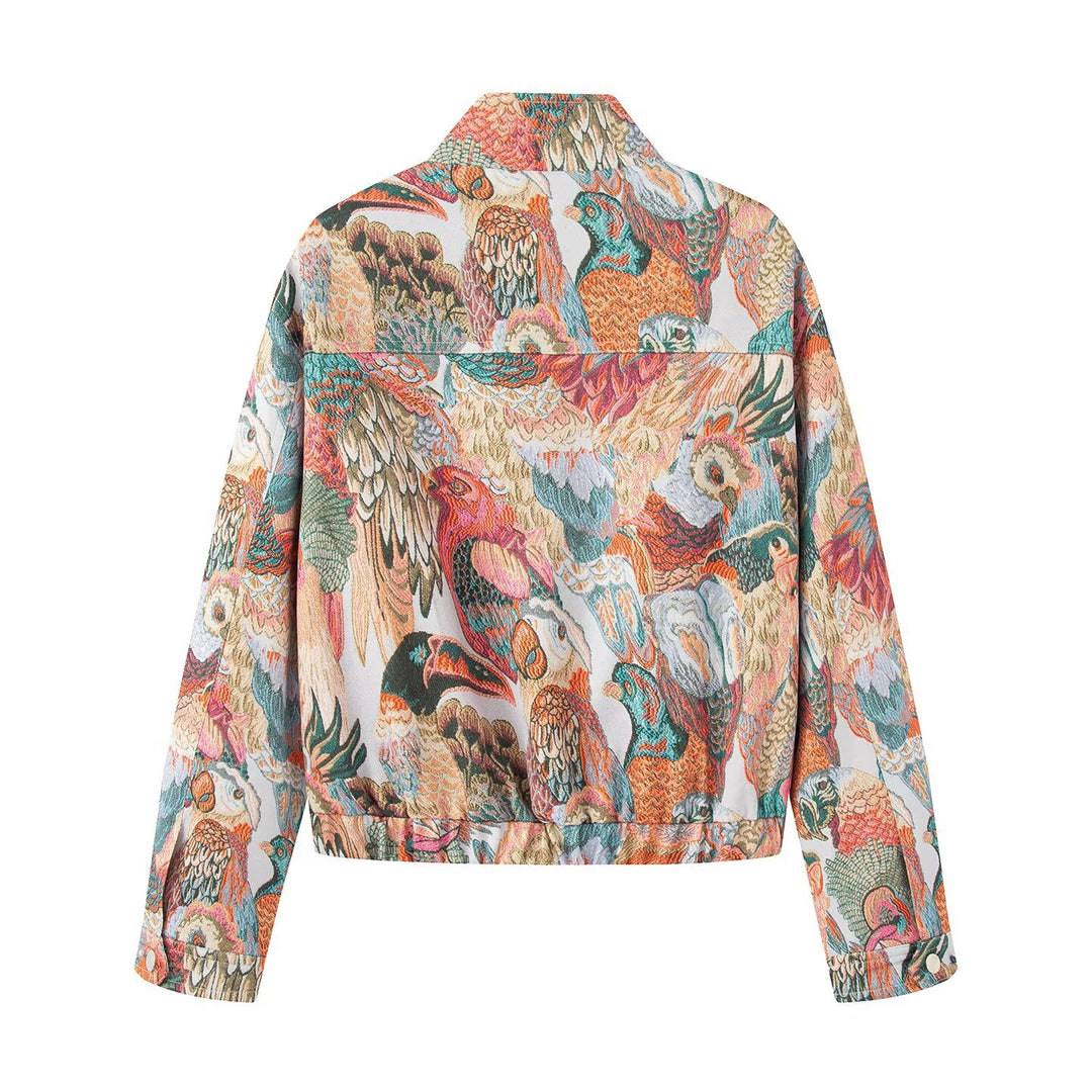 Damen urbane Utility-Jacke mit lebhaftem Vogel-Druck Drune