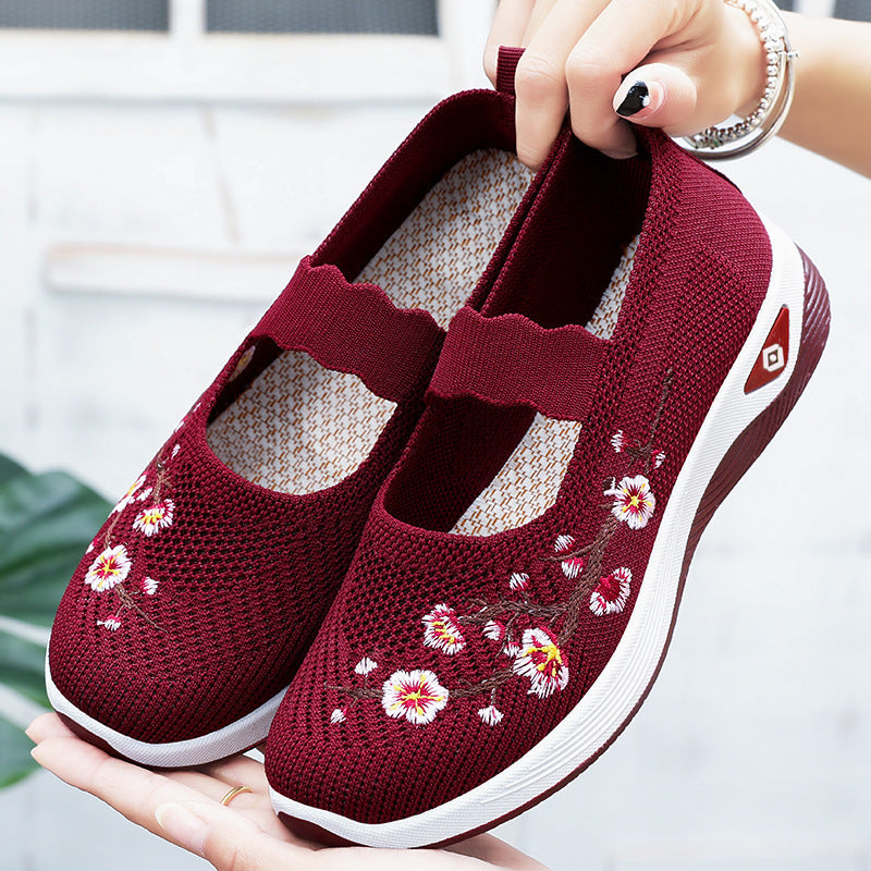 Damen nan bestickter Komfort-Ballerina mit elastischem Mary-Jane-Riemen, atmungsaktivem Strickoberteil und stoßdämpfender EVA-Keilsohle Drune