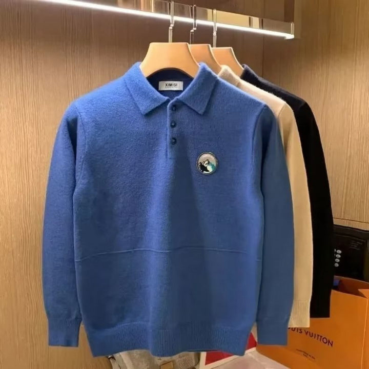 Herren Polokragen-Feinstrickpullover mit Emblem und gerippten Bündchen Drune