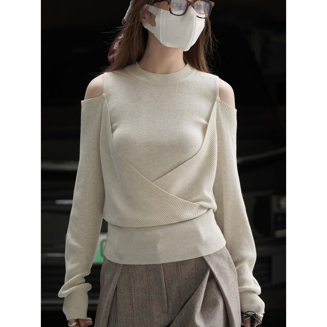Damen Schulterfreier Feinstrick-Pullover mit asymmetrischem Wickeldetail Drune