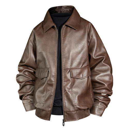 Herren Lässige Kunstlederjacke mit Kragen und Taschen Drune
