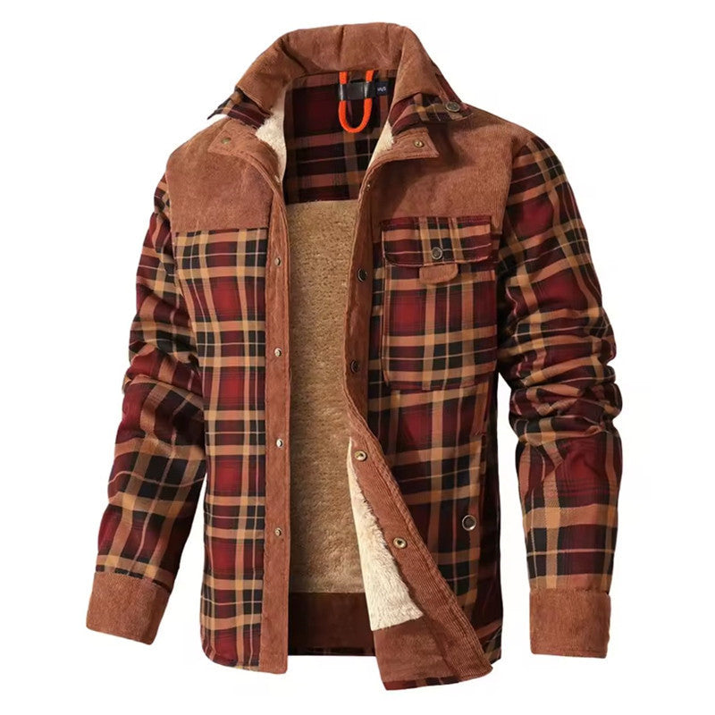 Herren Kariertes Thermo-Hemdjacke mit Teddyfutter und Cordbesatz Drune