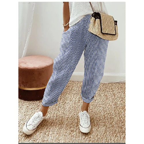 Damen Freizeit Leinenlook Hose mit Streifen, elastischem Bund und Saumabschluss Drune
