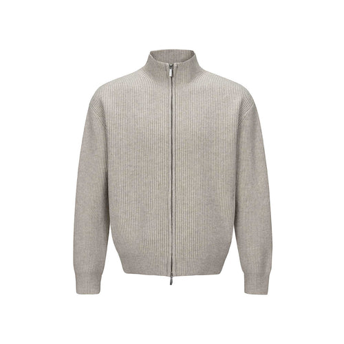 Unisex Kurzer gerippter Strickzipper mit hohem Stehkragen und schlankem Bund Drune