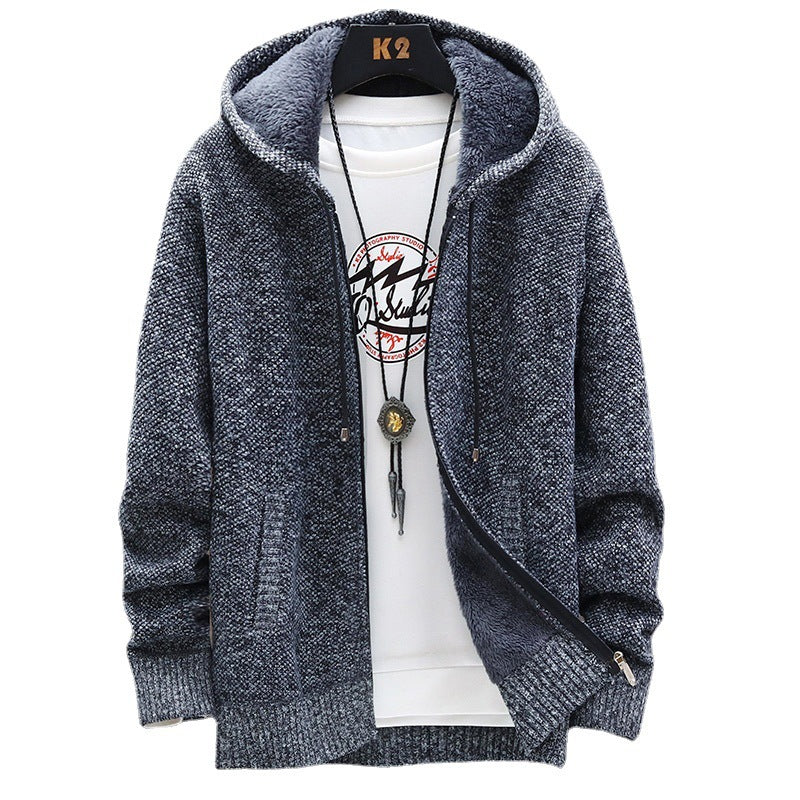 Herren nan gefütterte Strick-Kapuzensweatjacke mit Teddyfutter, durchgehendem Reißverschluss und Kängurutaschen Drune