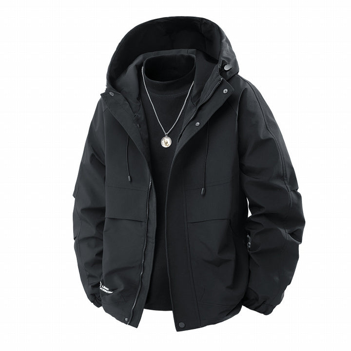 Herren Minimalistischer Tech-Softshell-Parka mit Kapuze, verdecktem Reißverschluss und Cargo-Brusttaschen Drune