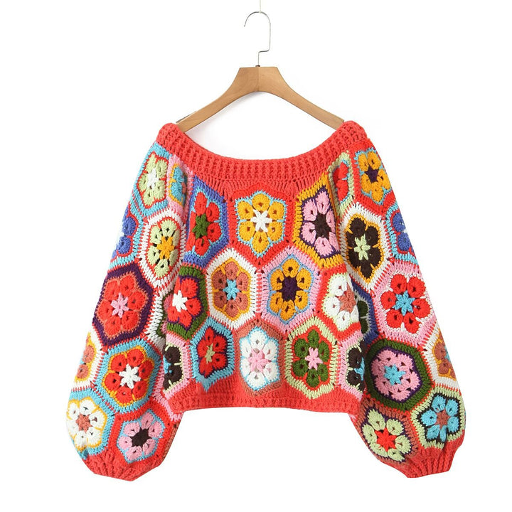 Damen lässiger, handgefertigter Pullover mit floralen Häkelmotiven Drune