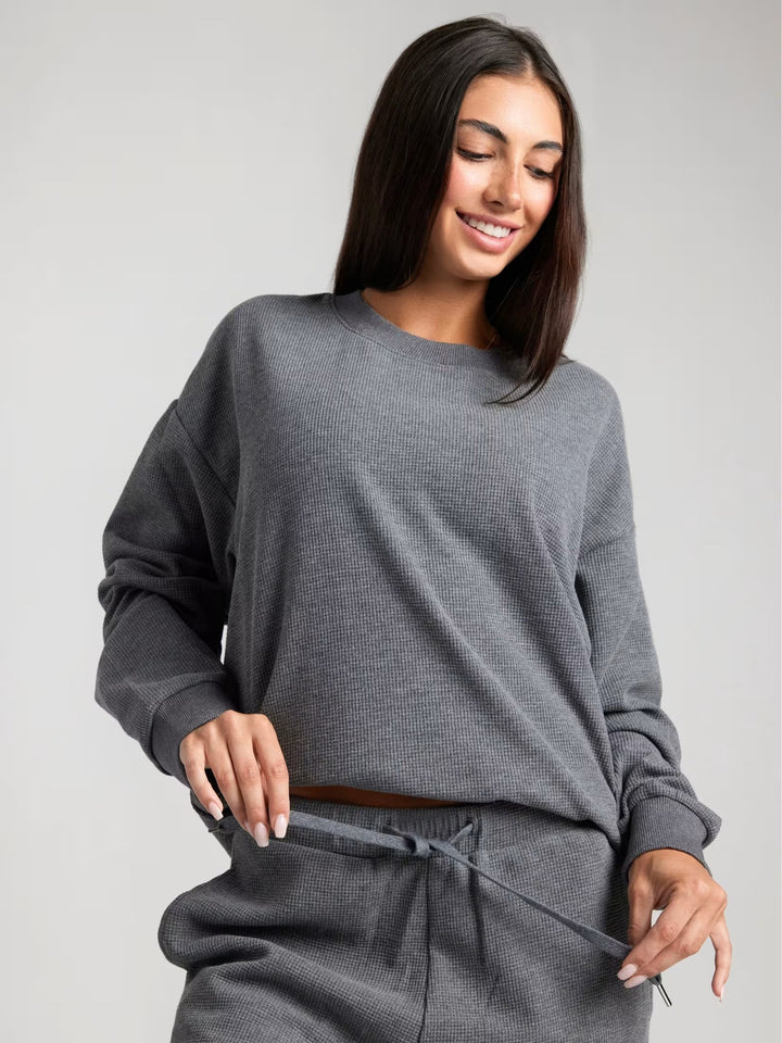 Damen geräumiges Waffelstrick-Loungewear-Set mit Rundhalsausschnitt und Tunnelzughose Drune