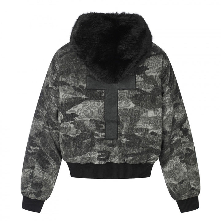 Damen Boxy-Bomberjacke mit weichem Kunstpelzkragen und floraler Camouflage-Struktur Drune