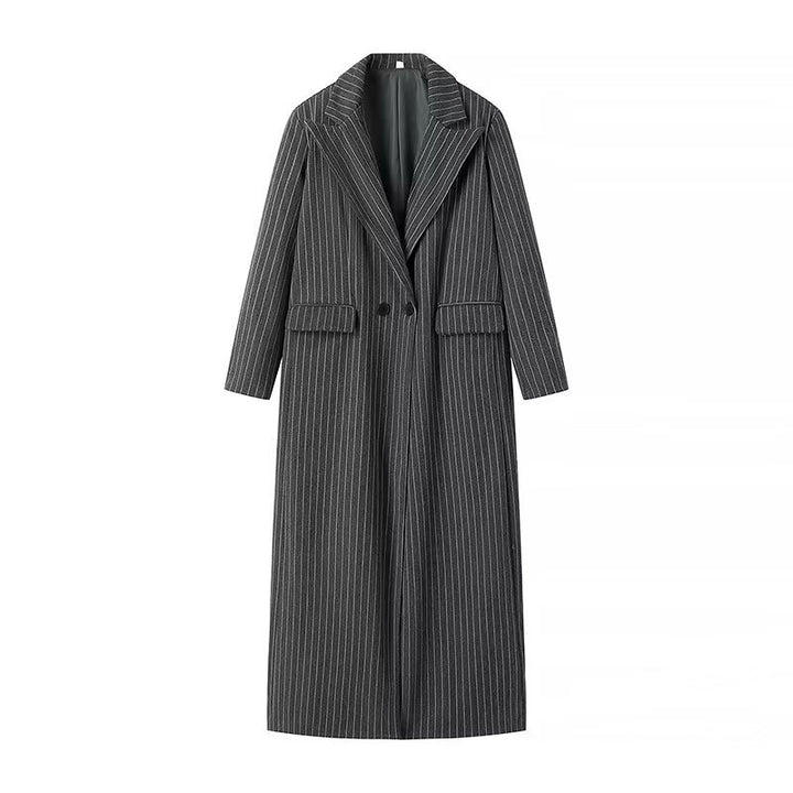 Damen nan langer Zweireiher-Mantel im Nadelstreifen-Look mit großem Revers und Pattentaschen Drune