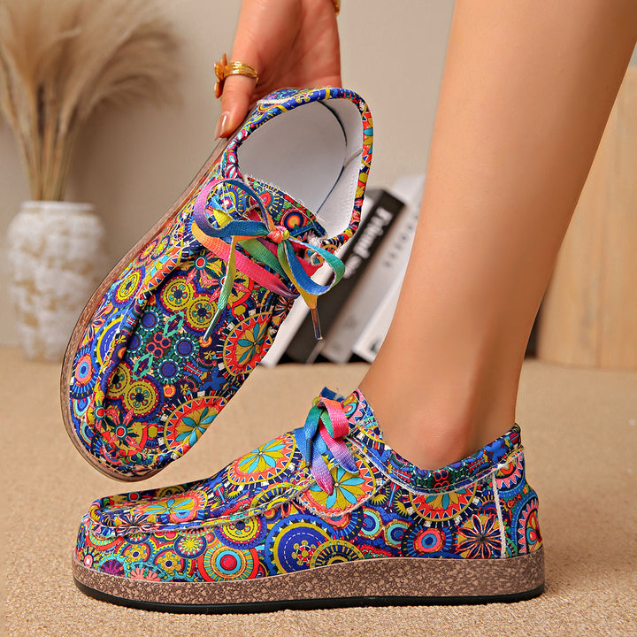 Damen Bequeme Plateau-Slipper im Ethno‑Print mit Korkoptik‑Sohle Drune
