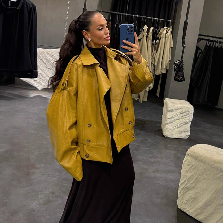 Damen Oversized Kunstlederjacke mit doppelter Knopfleiste und modischem Schnitt Drune