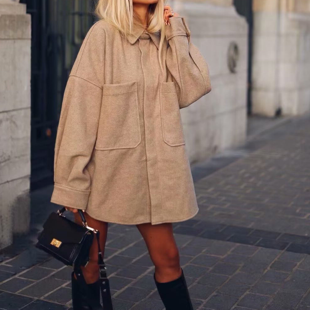 Damen Oversized Hemdjacke aus hochwertigem Wollmix mit praktischen Taschen Drune
