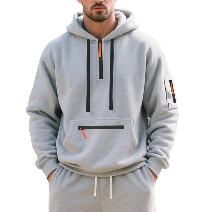 Herren Oversize-Kapuzenpullover mit halbem Reißverschluss, Kängurutasche mit Reißverschluss und Ärmel-Pocket Drune