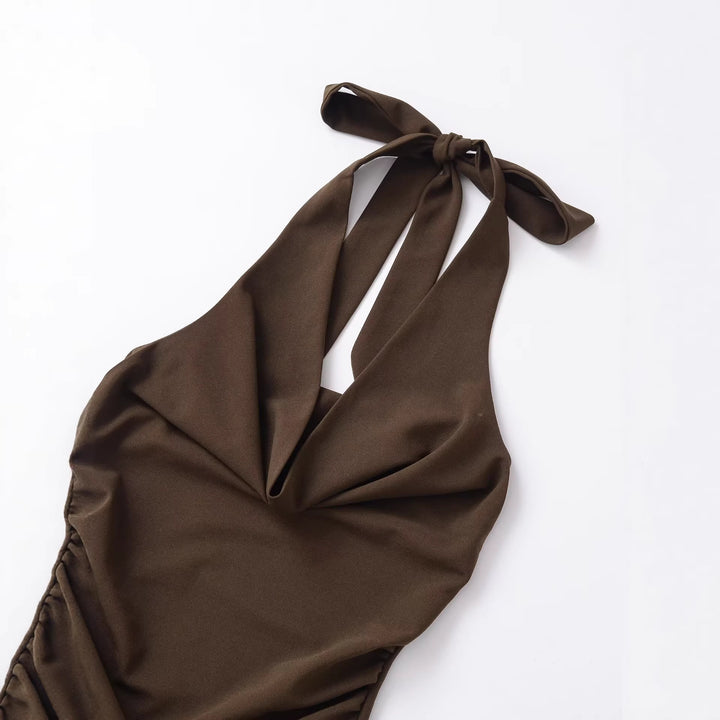 Damen Midikleid mit Neckholder, Wasserfall‑Cowl‑Ausschnitt und seitlicher Raffung Drune