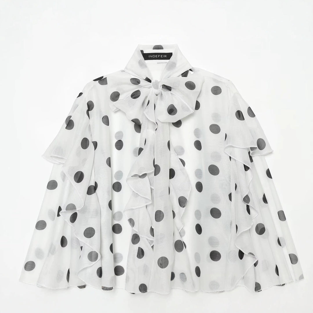 Damen Leichte Chiffonbluse mit Volants, Schleifenkragen und Pünktchenprint Drune