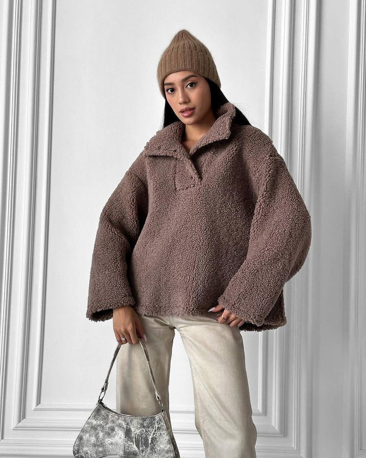 Damen Oversized Teddy-Pullover mit halber Druckknopfleiste und Stehkragen Drune