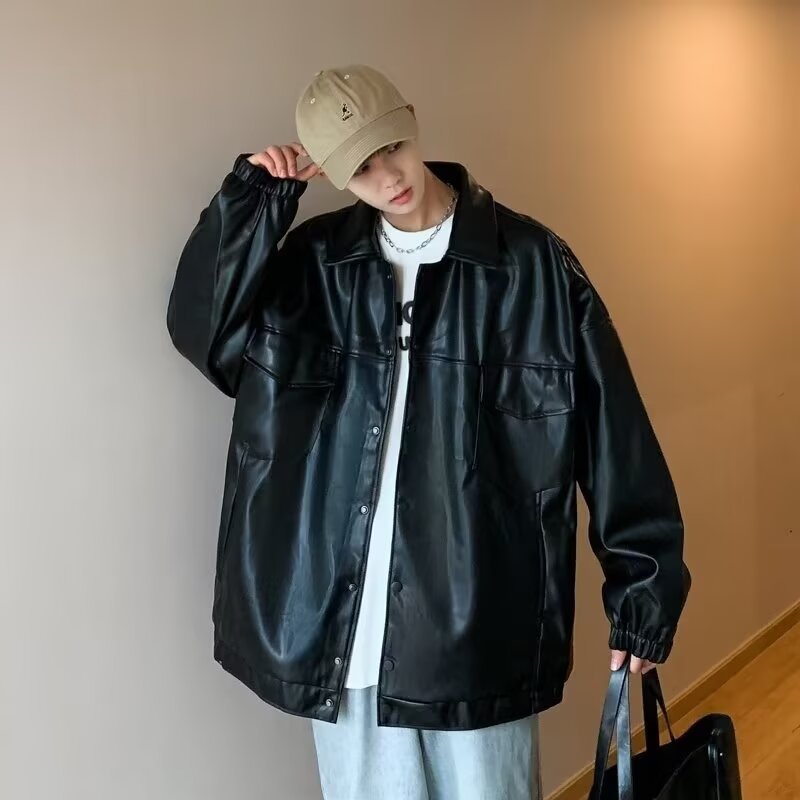 Herren Oversized PU-Leder-Shacket mit Pattentaschen und elastischen Bündchen Drune