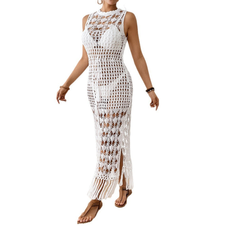 Damen Häkelstrandkleid mit dekorativem Fransen und durchbrochenem Design Drune