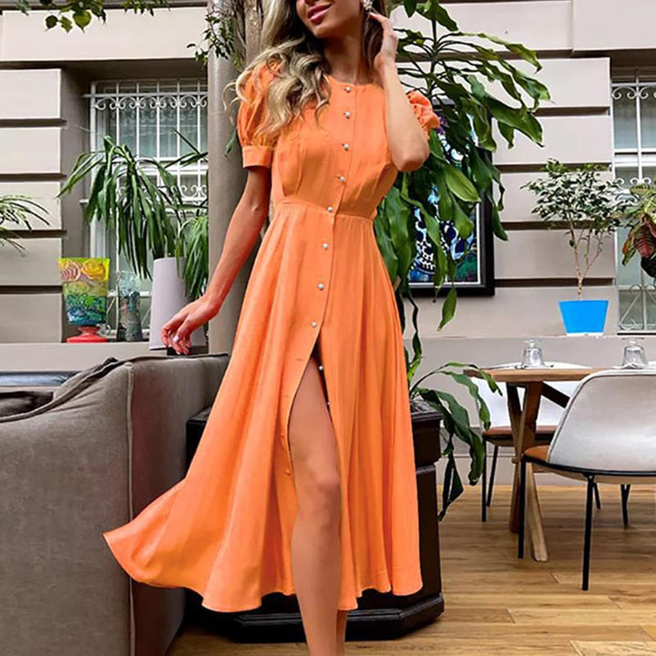 Damen Elegantes Maxikleid mit durchgehender Knopfleiste und asymmetrischem Schlitz Drune