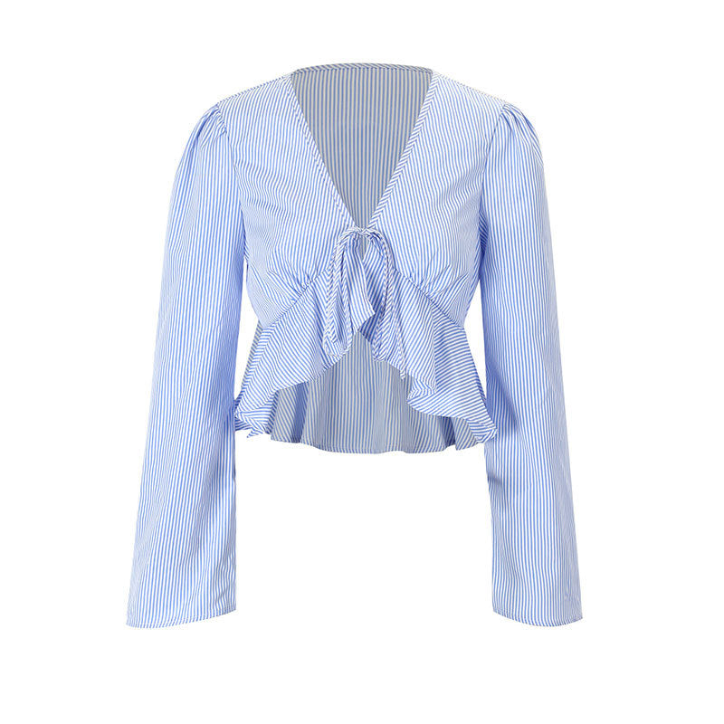 Damen cropped Bluse mit verspielten Rüschendetails und bindbarem Krawattenverschluss Drune