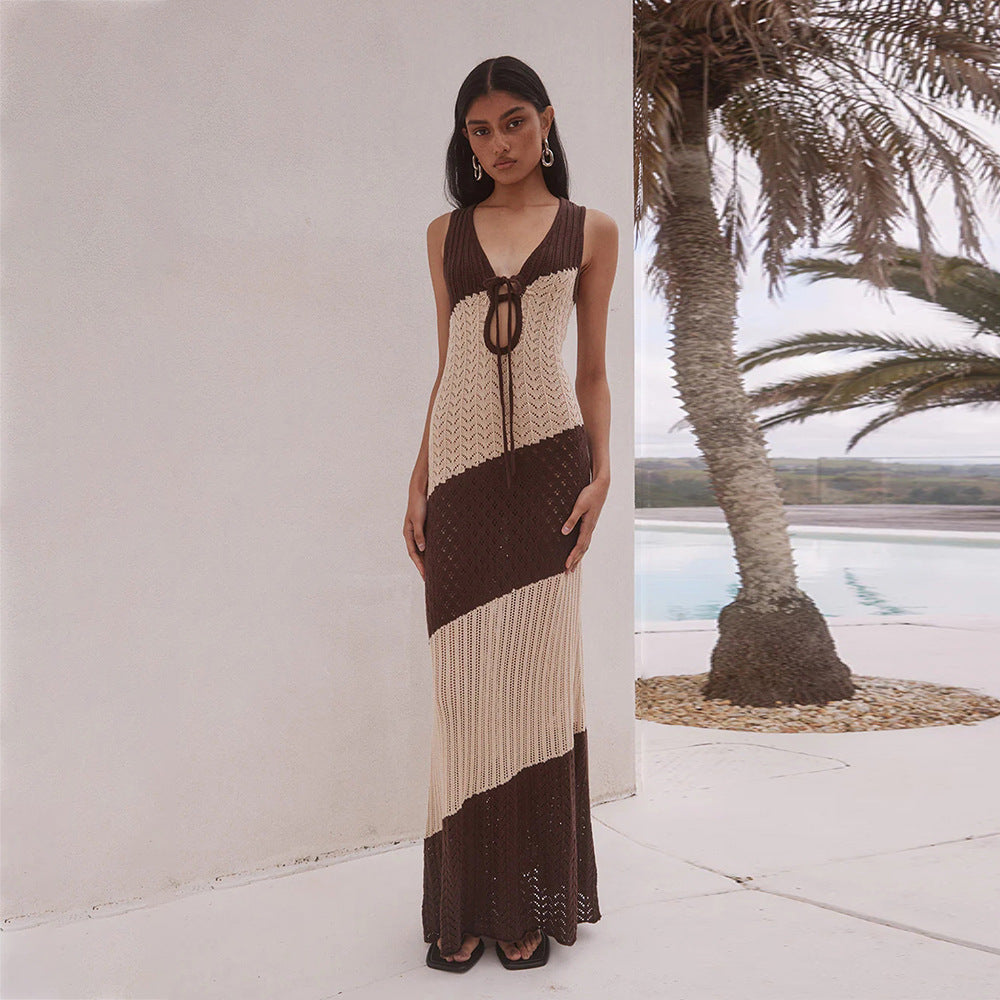 Damen gehäkeltes Maxikleid mit tiefem V-Ausschnitt und Bindegürtel Drune