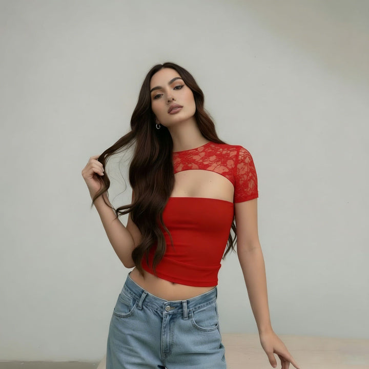 Damen Crop-Top mit Spitzenärmel und figurbetontem Schnitt Drune