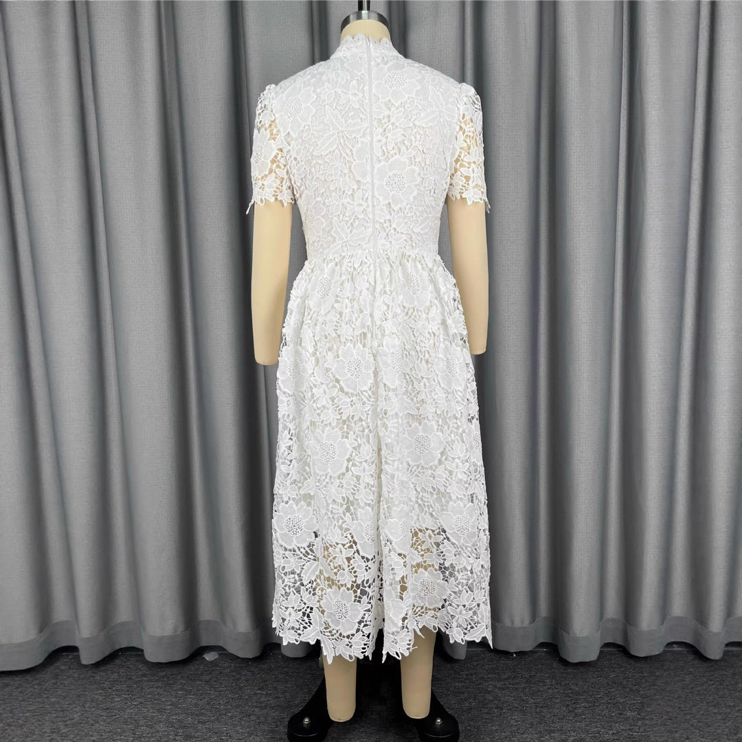 Damen Spitzen-Midi-Kleid mit elegantem V-Ausschnitt und Vintage-Rüschendetails Drune