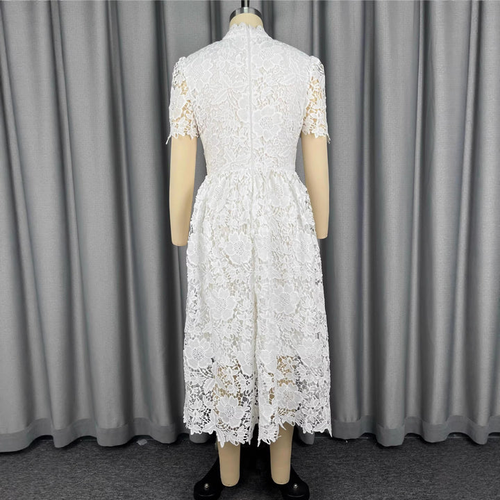Damen Spitzen-Midi-Kleid mit elegantem V-Ausschnitt und Vintage-Rüschendetails Drune