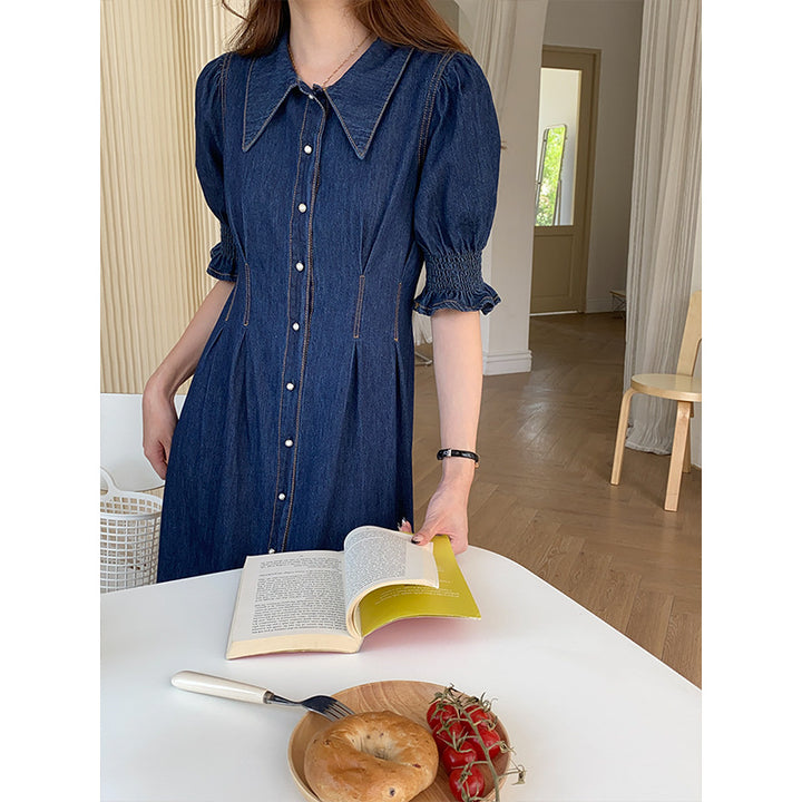 Damen Denim-Midikleid mit voluminösen Ärmeln und Knopfdetails Drune