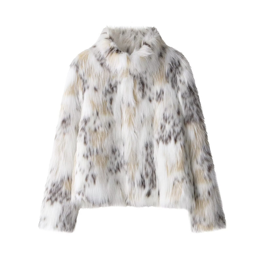 Damen nan kurzes Kunstfell-Cropped-Jacke mit Stehkragen, soften Fasern und melierter Struktur Drune