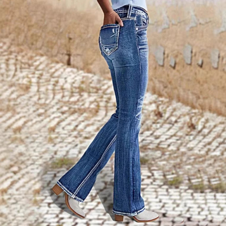 Damen Bootcut-Jeans mit sculptendem V-Bund, dekorativer Kontraststeppung und Vintage-Wash Drune